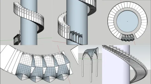 CAD views of the spiral staircase and architectural components