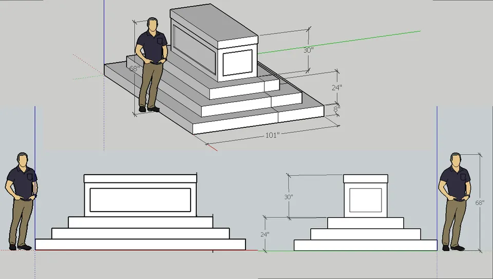 CAD elevations and dimensions for a stepped tomb prop
