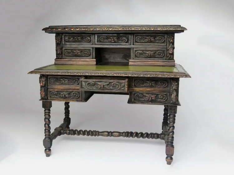 Completed 1:6 scale writing desk showing drawers and turned legs